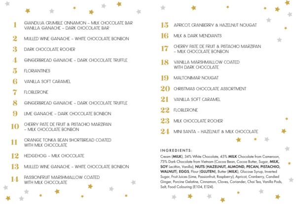 Florian Poirot 2026 chocolate Advent Calendar menu showing the festive sweet treats and artisan chocolates inside