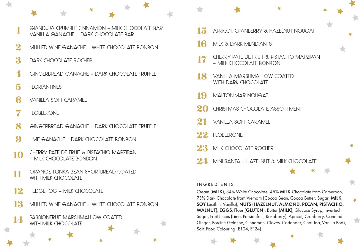 Florian Poirot 2026 chocolate Advent Calendar menu showing the festive sweet treats and artisan chocolates inside