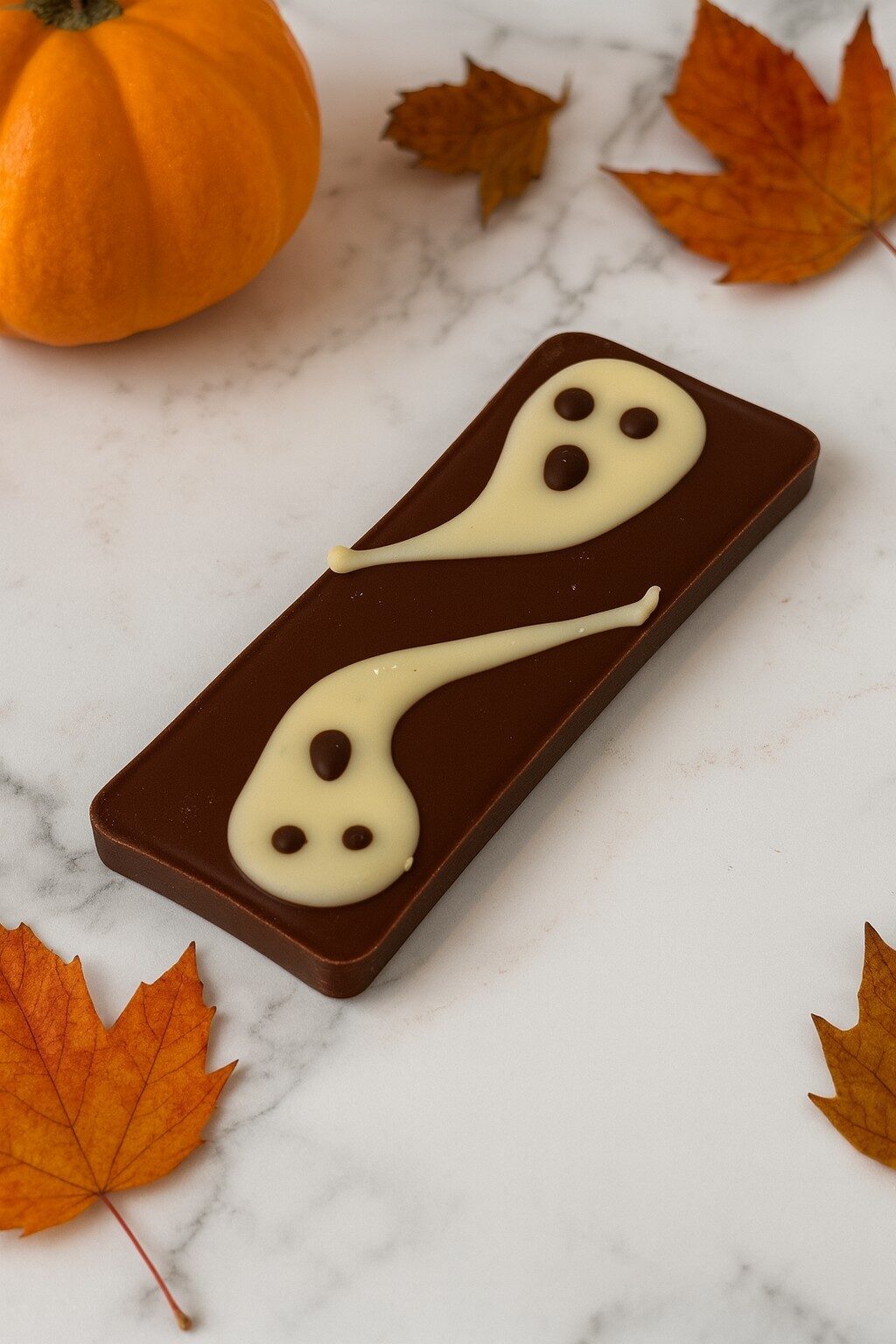 Mini tablet of single origin milk chocolate with Halloween ghost decoration made in white chocolate handmade in Yorkshire created by Florian Poirot