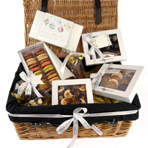 Florian Poirot Christmas hamper with French macarons, chocolate mendiants, Floriantines, chocolate assortment, truffles and chocolate biscuits