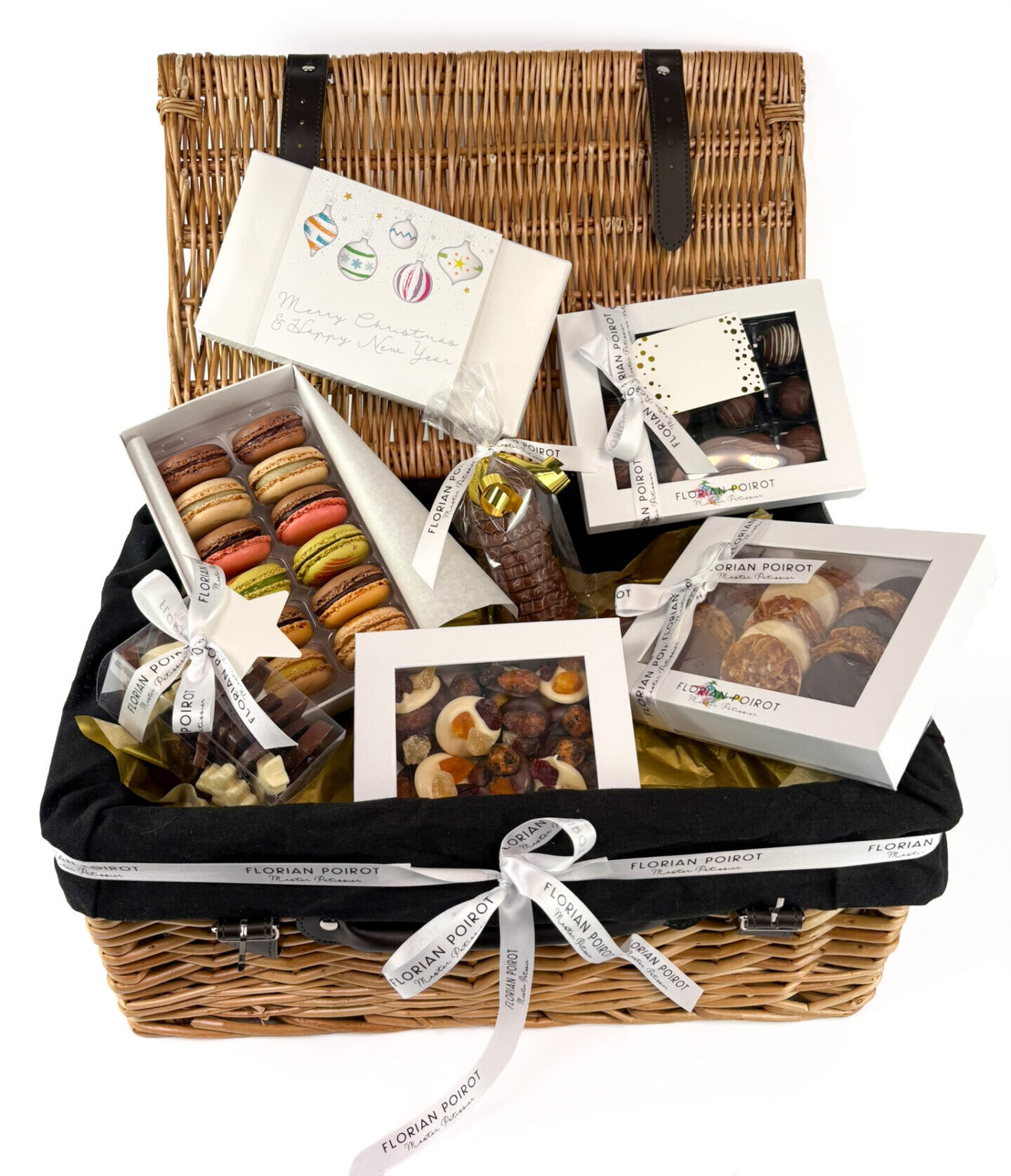Florian Poirot Christmas hamper with French macarons, chocolate mendiants, Floriantines, chocolate assortment, truffles and chocolate biscuits