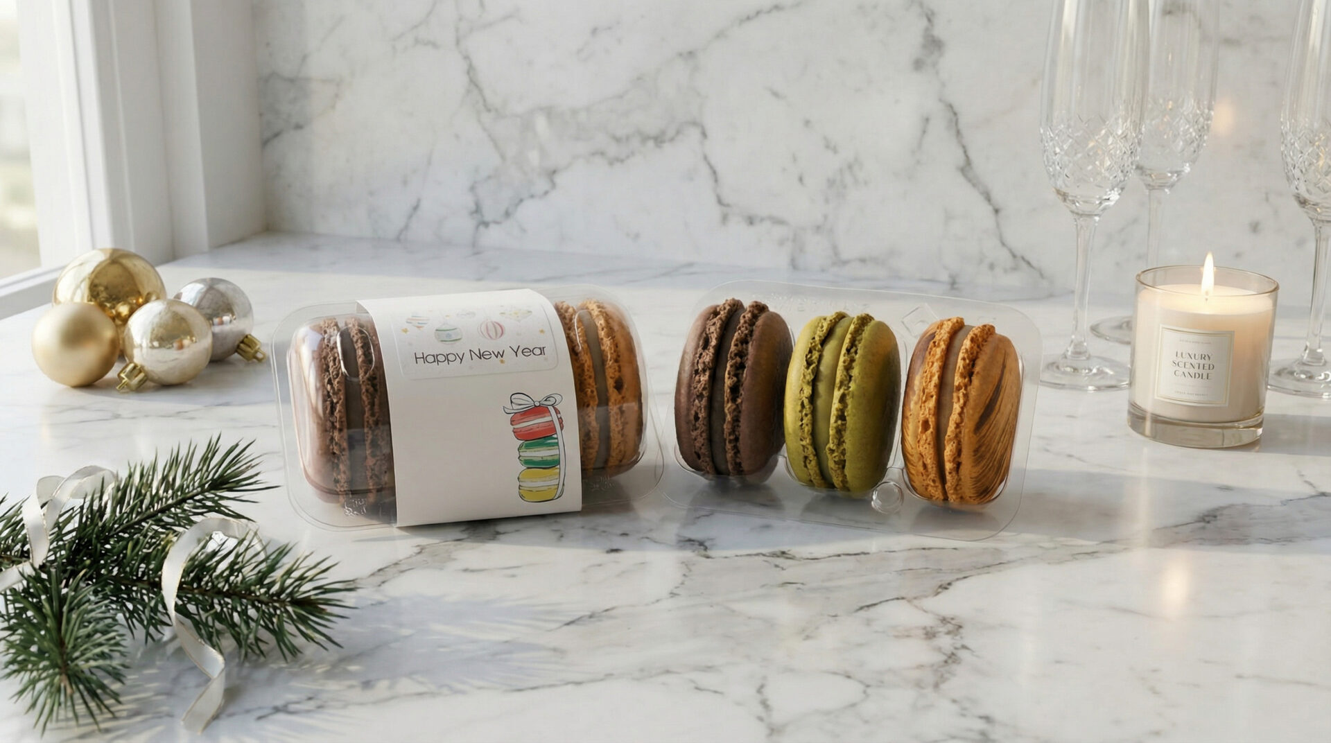 Luxury Christmas macaron favours featuring three handcrafted French macarons in festive packaging.