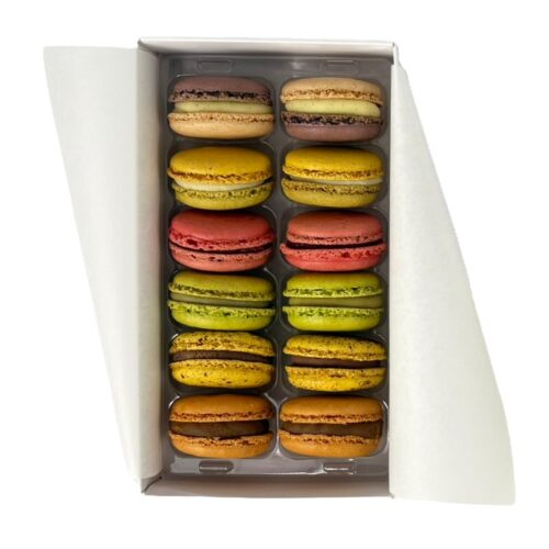 Selection of handmade French macaron flavours available for a custom box of 12.