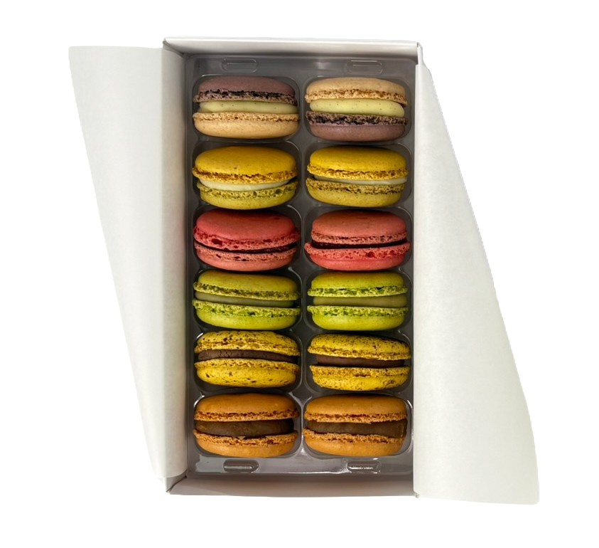 Selection of handmade French macaron flavours available for a custom box of 12.