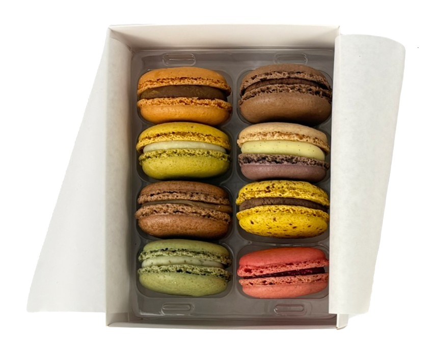Selection of handmade French macaron flavours available for a custom box of 8.