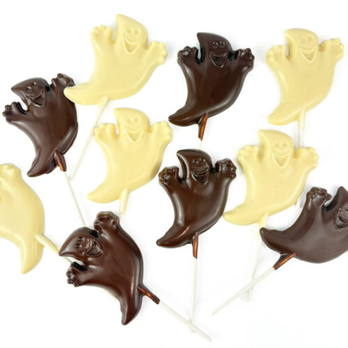 Spooky Ghost chocolate lollipop handcrafted in Milk or White chocolate for Halloween created by Florian Poirot