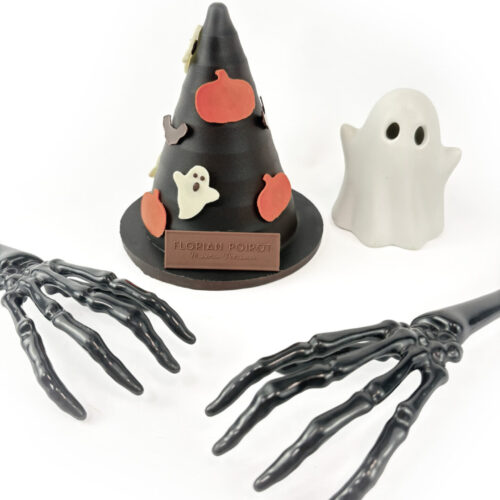 Halloween chocolate witch hat figurine made with 45% milk chocolate, handmade by Florian Poirot in Yorkshire