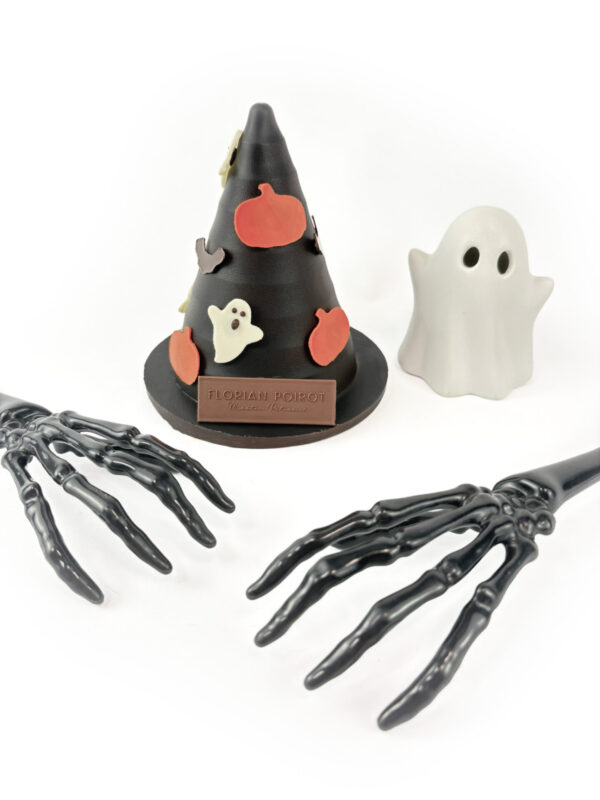 Halloween chocolate witch hat figurine made with 45% milk chocolate, handmade by Florian Poirot in Yorkshire