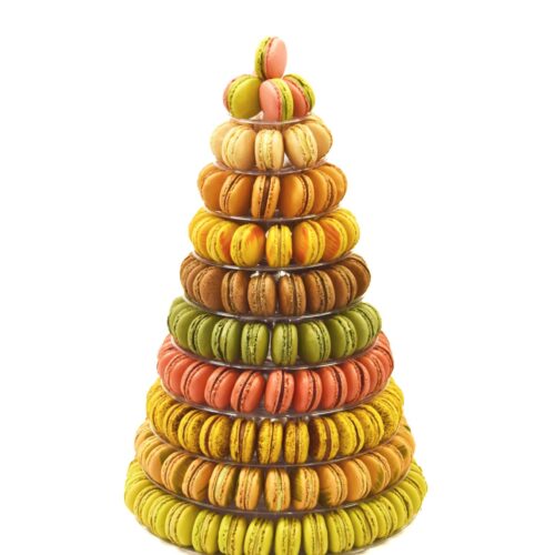 Large 10-tray macaron tower by Florian Poirot featuring handmade French macarons, an impressive centrepiece for weddings and large celebrations.