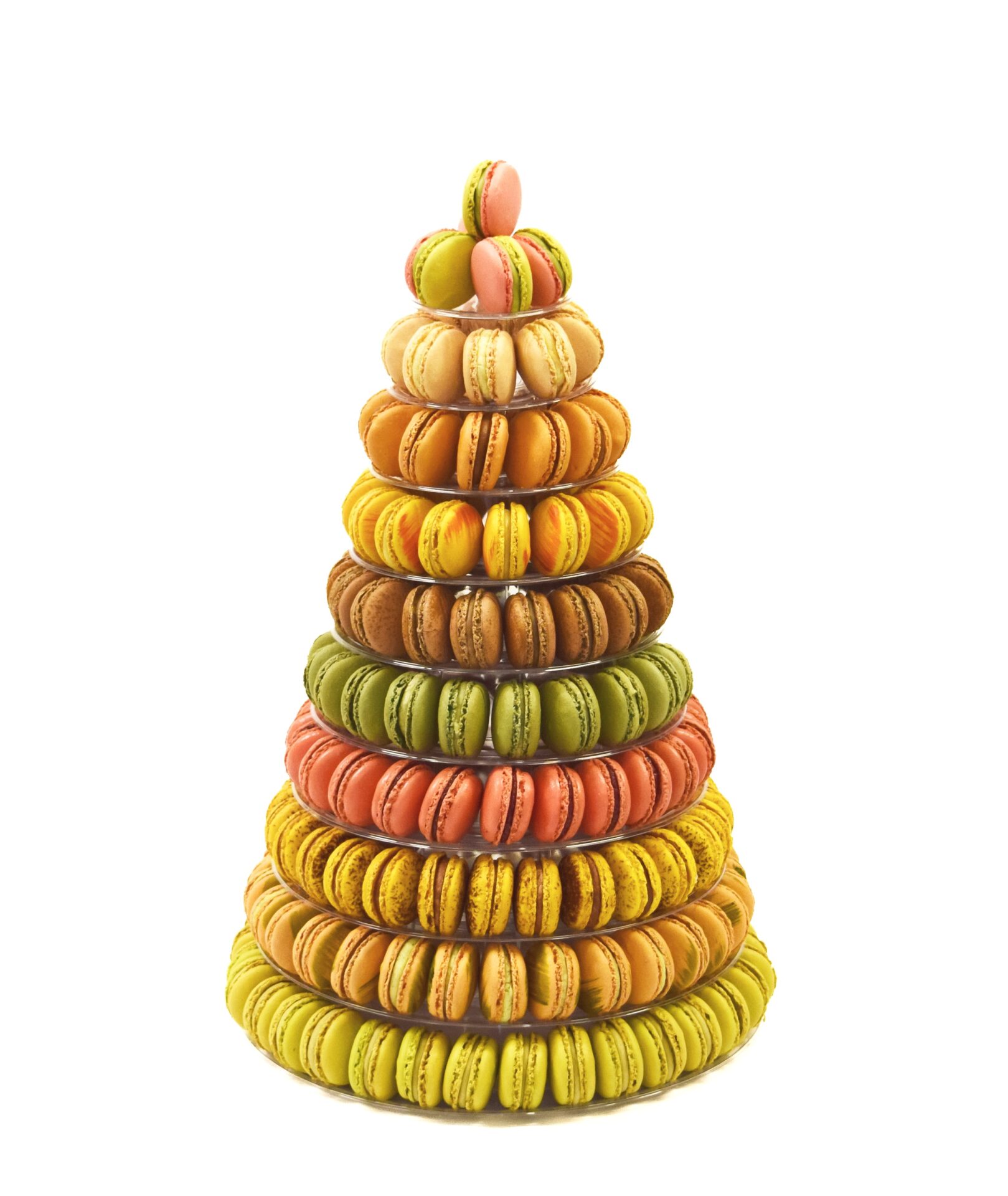 Large 10-tray macaron tower by Florian Poirot featuring handmade French macarons, an impressive centrepiece for weddings and large celebrations.