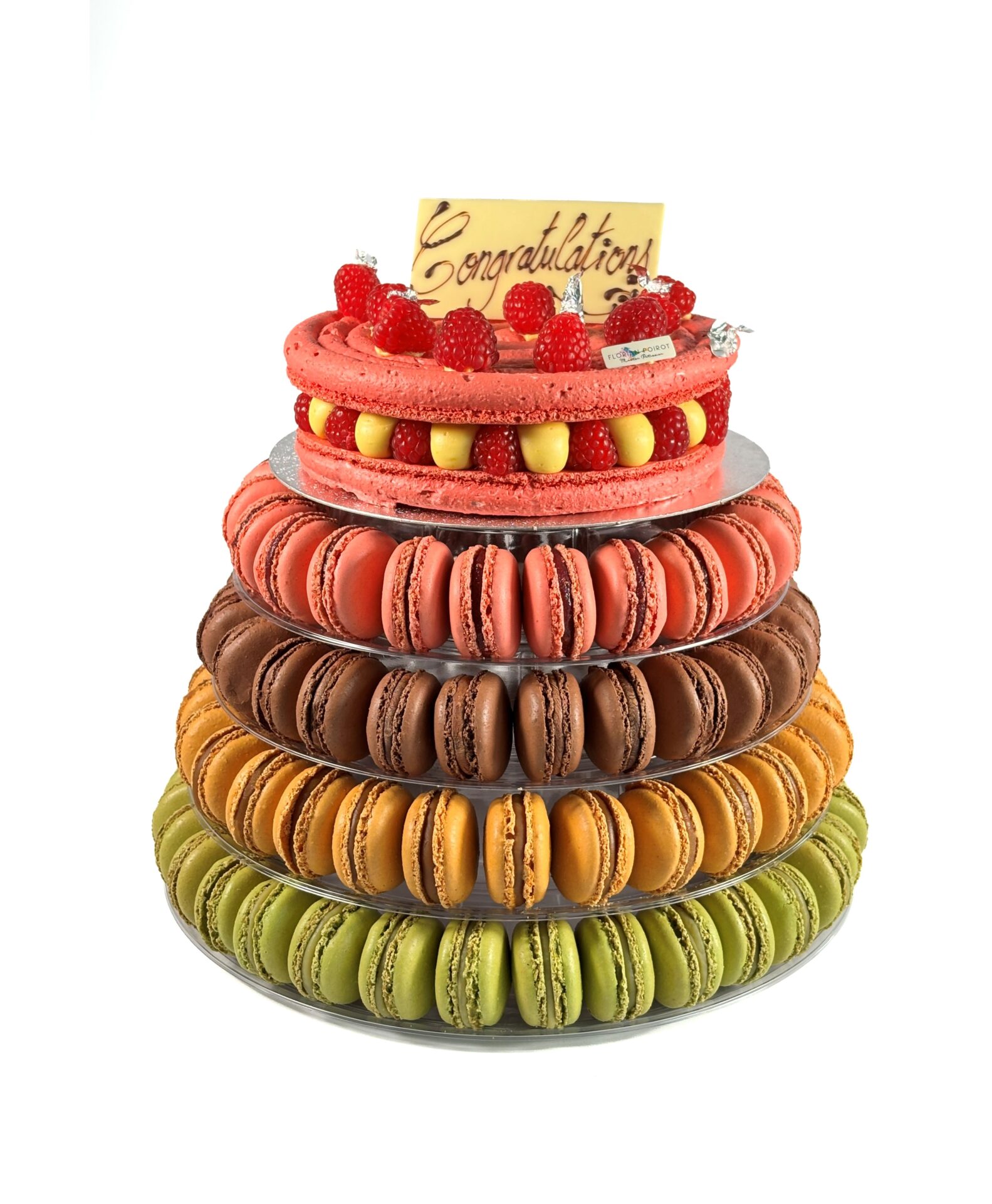 Lower tiers macaron tower with handmade French macarons and celebration cake by Florian Poirot, perfect for weddings and special occasions.