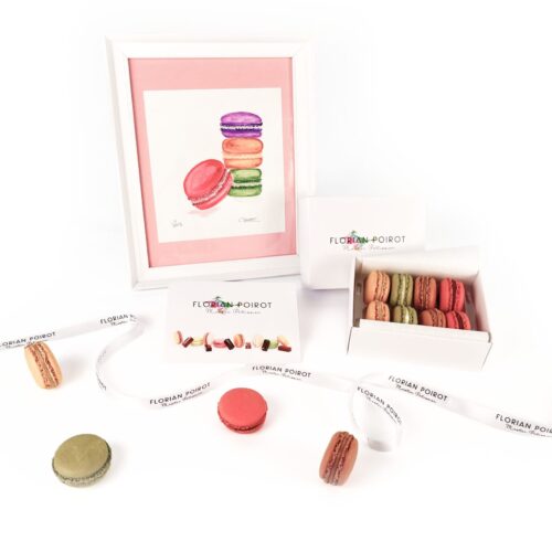Gift box of 8 assorted French macarons & original watercolour artwork by Céline Poirot