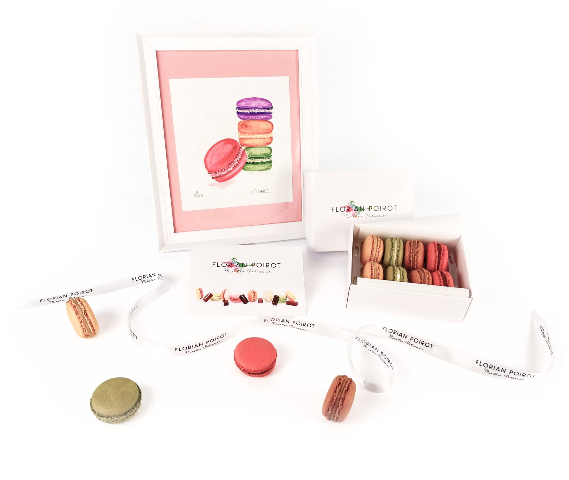 Gift box of 8 assorted French macarons & original watercolour artwork by Céline Poirot