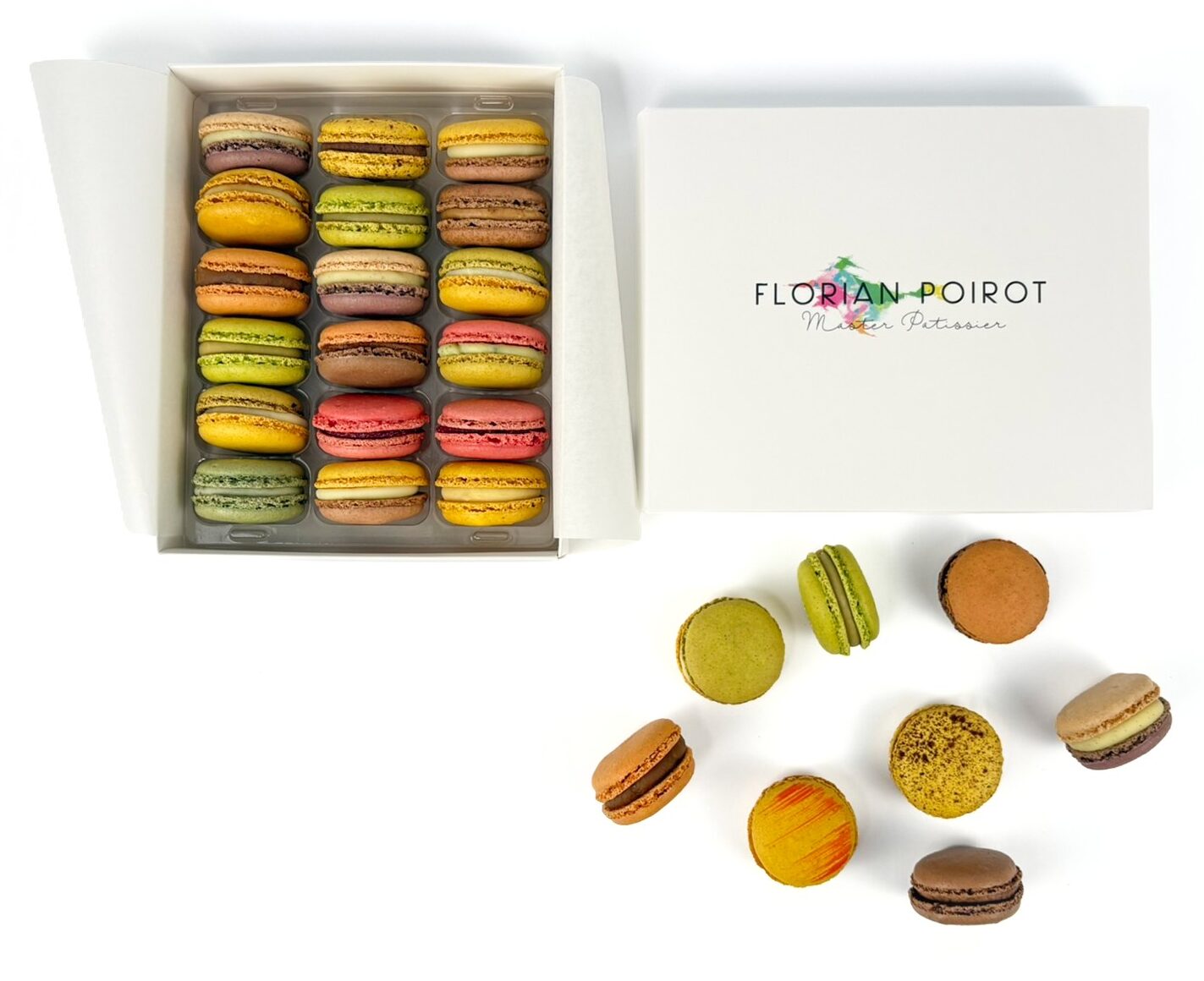 Box of 18 assorted handmade French macarons by Florian Poirot