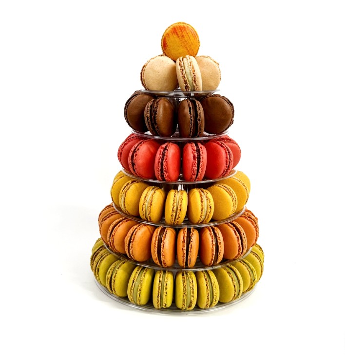 Medium macaron tower featuring handmade French macarons by Florian Poirot, an elegant centrepiece for weddings, birthdays and celebrations.
